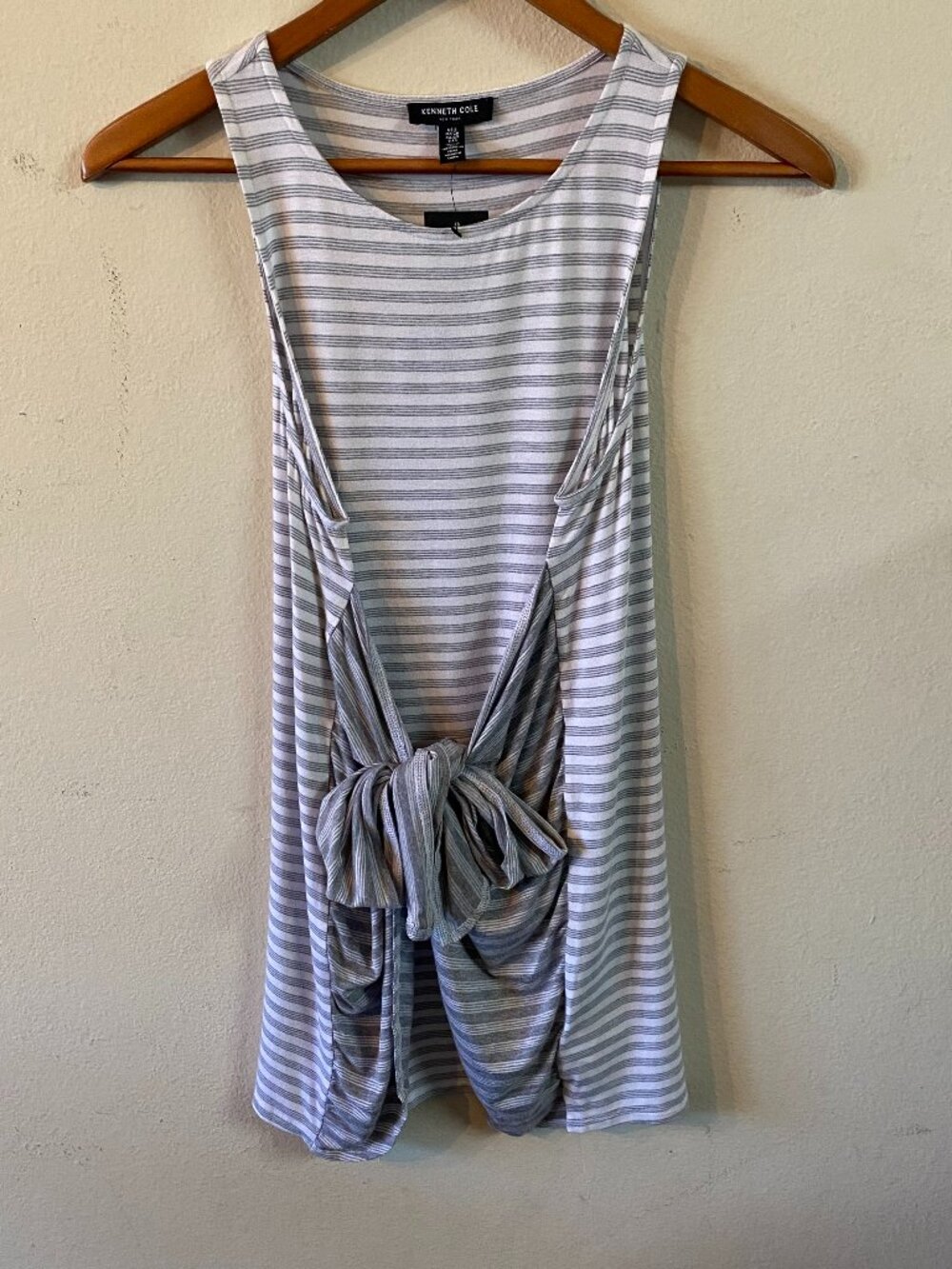 KENNETH COLE SMALL WHITE & GRAY STRIPED SLEEVELESS TANK DRESS WITH SELF-TIE BOW